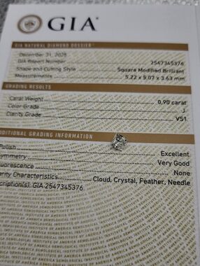 .90CT GIA Certified Princess Cut Loose Diamond J Color VS1 Clarity